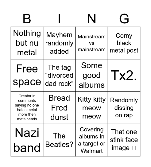 Corny metal/rock TikTok’s Bingo Card