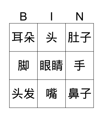 YCT-body part Bingo Card