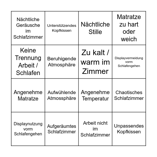Schlafumgebungs-Bingo Card
