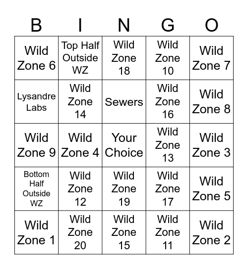 Wild Zone Bingo Card