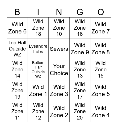 Wild Zone Bingo Card