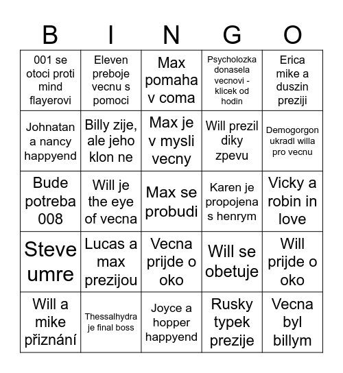 Stranger things Bingo Card