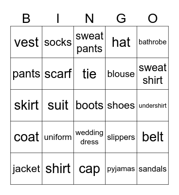 Clothes Book E Lesson 14 Bingo Card