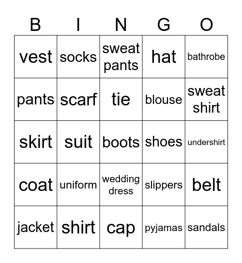 Clothes Book E Lesson 14 Bingo Card