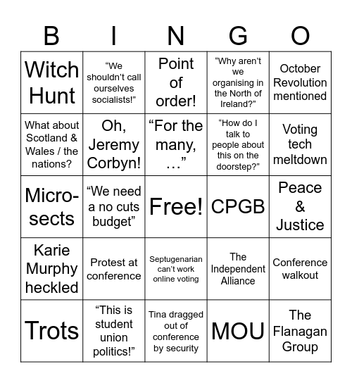 Your Party Founding Conference Bingo Card