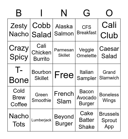 Denny's Bingo Card