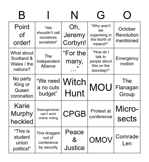 Your Party Founding Conference Bingo Card