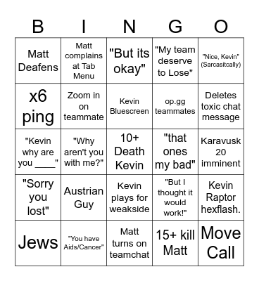 Matt and Kevin Duo Bingo Card