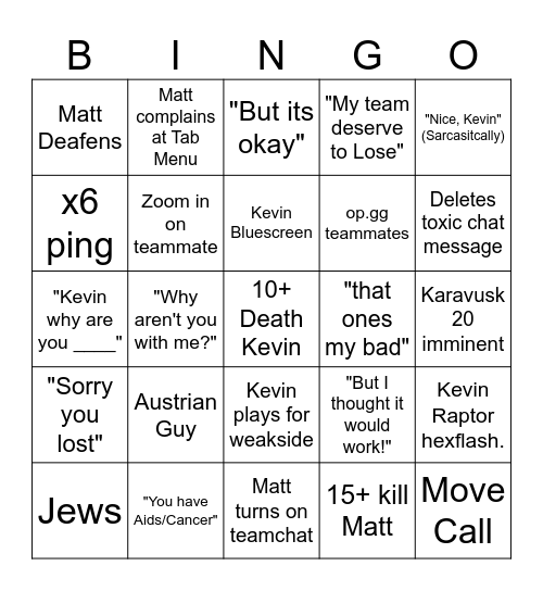 Matt and Kevin Duo Bingo Card