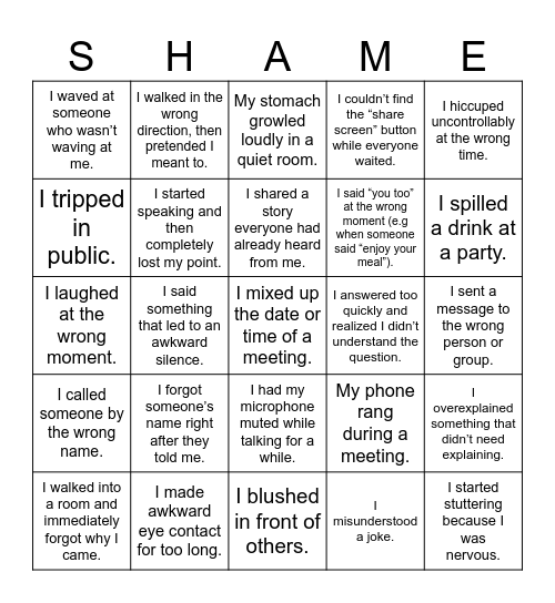 HOW TO TAME SHAME Bingo Card