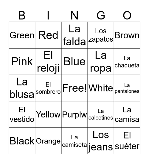 Colors and la ropa Bingo Card