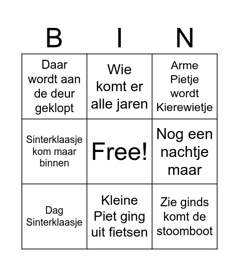 Sinterklaasliedjes Bingo Card