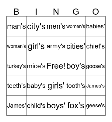 Possessive Nouns Bingo Card