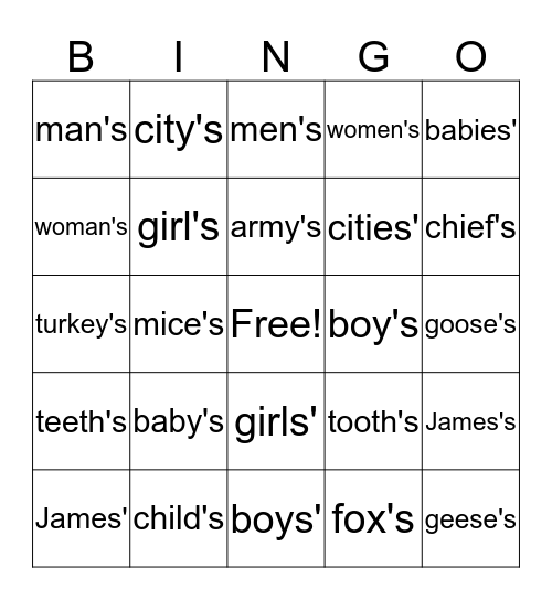 Possessive Nouns Bingo Card