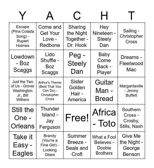 YACHT ROCK BINGO Card