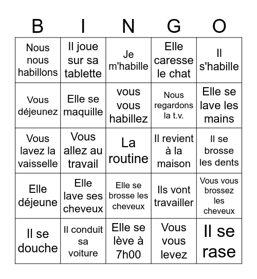 La routine quotidienne Bingo Card
