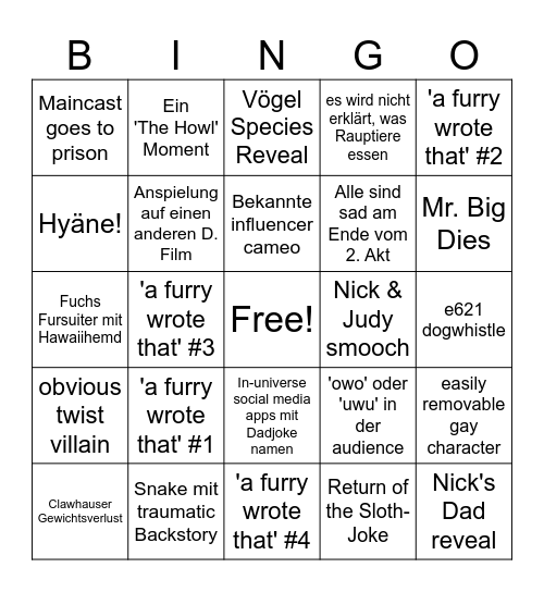 Zootopia 2 Bingo Card