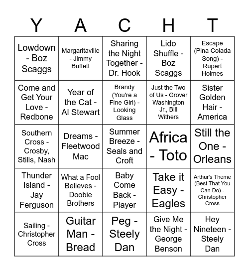 YACHT ROCK BINGO Card