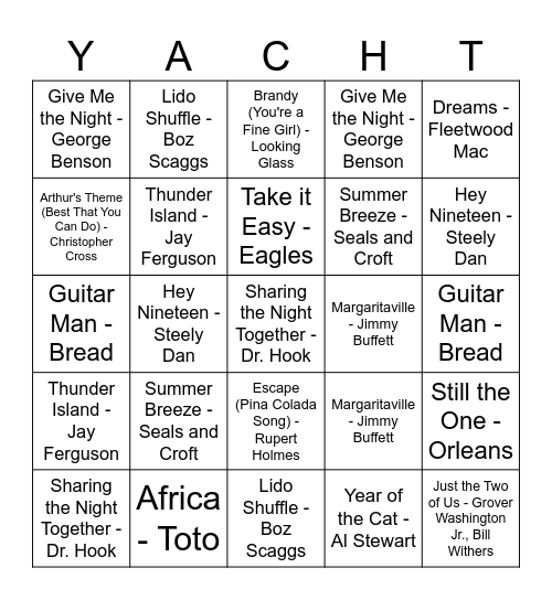 YACHT ROCK BINGO Card