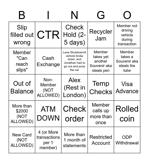 FCCU Drive Up Bingo Card