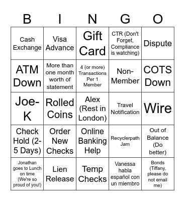 FCCU Teller Bingo Card