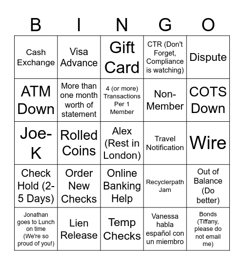 FCCU Teller Bingo Card