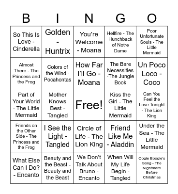 Disney Music Bingo Card