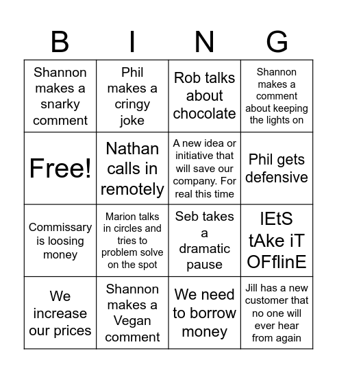Sr. Management Monthly Bingo Card