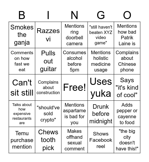 Jeff bingo board Bingo Card
