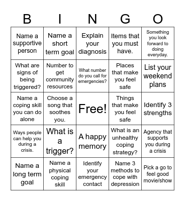 Safety Planning Bingo Card