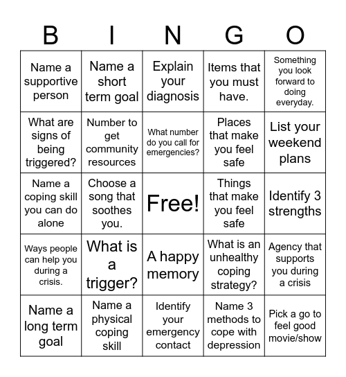 Safety Planning Bingo Card