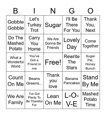 Thanksgiving Songs Bingo Card