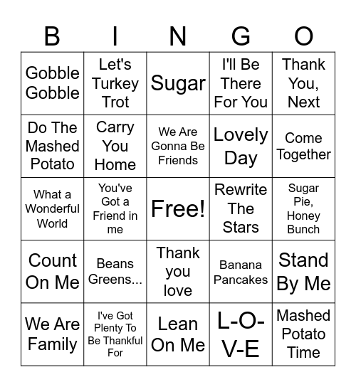 Thanksgiving Songs Bingo Card