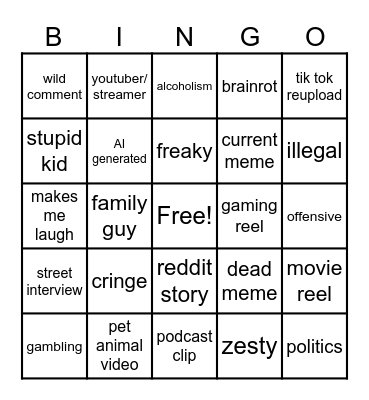Instagram reel bingo Card