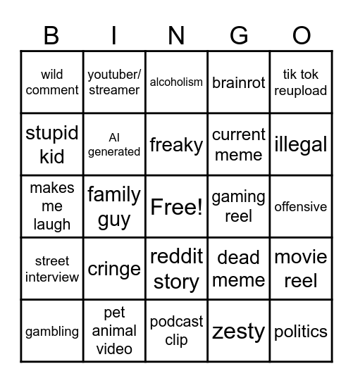 Instagram reel bingo Card