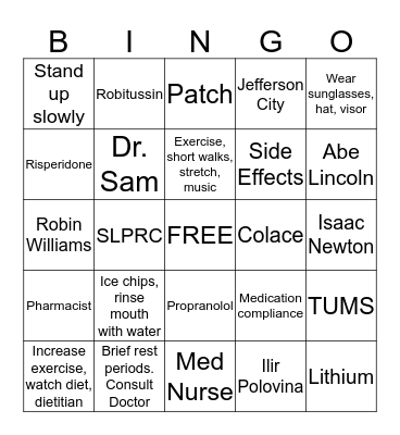 Holiday Medication Bingo Card