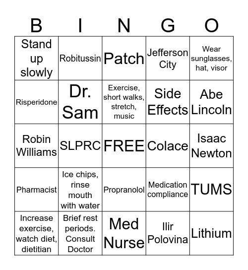 Holiday Medication Bingo Card