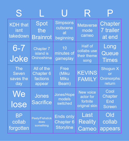 Zero Hour Bingo Card
