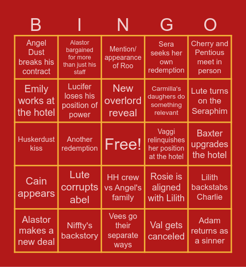 Hazbin Hotel Season 3 Bingo Card