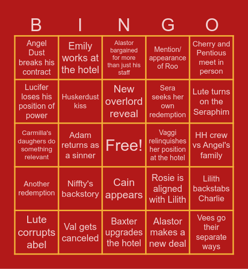 Hazbin Hotel Season 3 Bingo Card