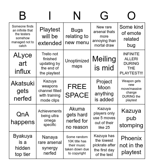AL2 Bingo Card
