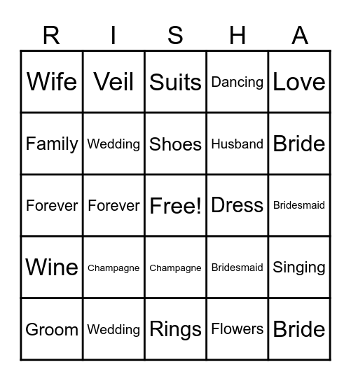 BACHELORETTE BINGO Card