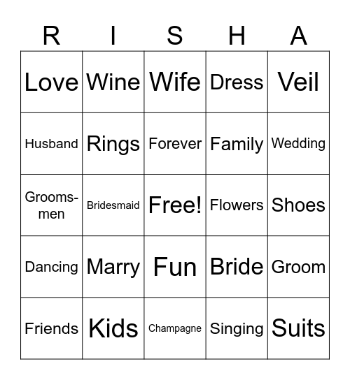 Bachelorette Bingo Card