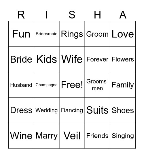 Bachelorette Bingo Card