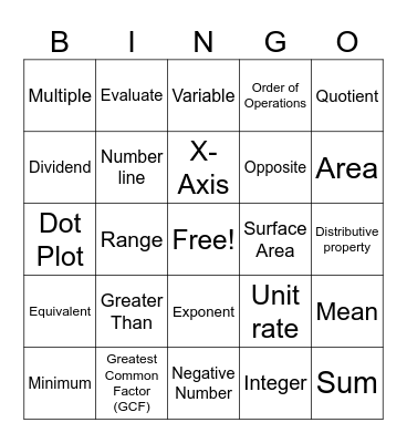 6th Grade Math Bingo Card