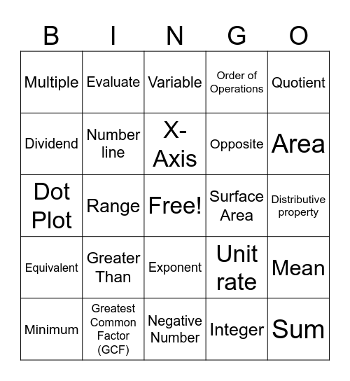 6th Grade Math Bingo Card