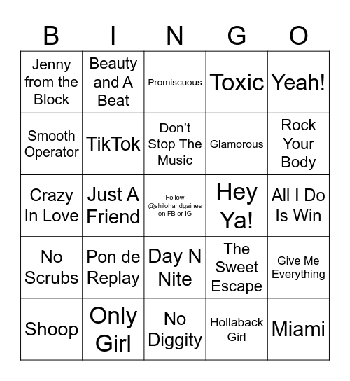 Throwback Hits Bingo Card
