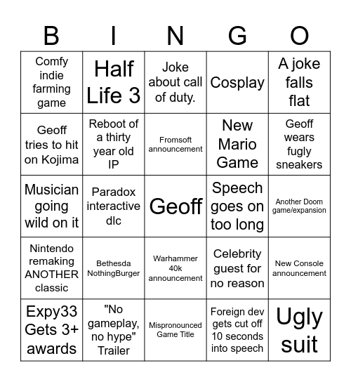 VGAs 2025 Bingo Card