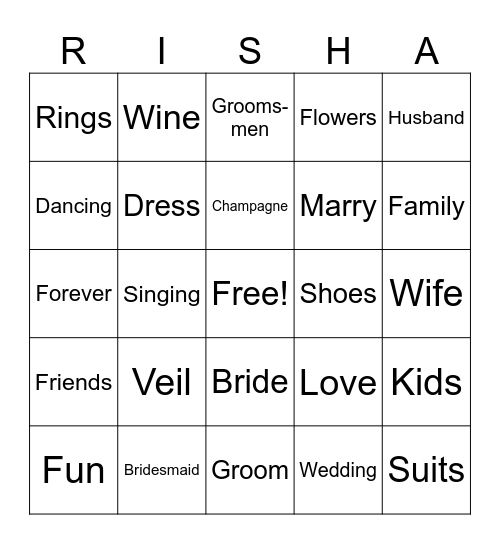Bachelorette Bingo Card