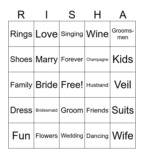 Bachelorette Bingo Card
